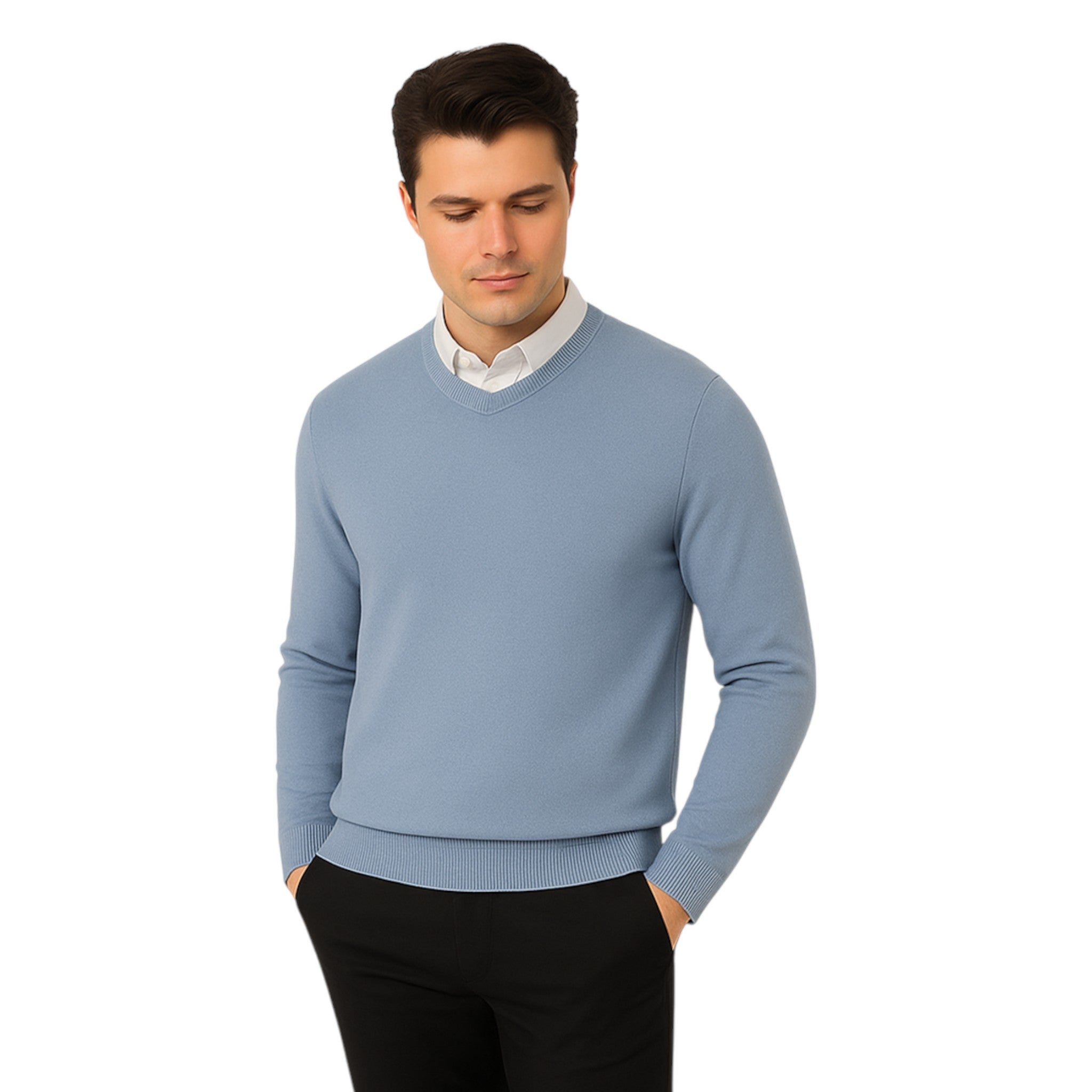 Men’s classic denim blue round neck jumper – soft knit pullover sweater with long sleeves